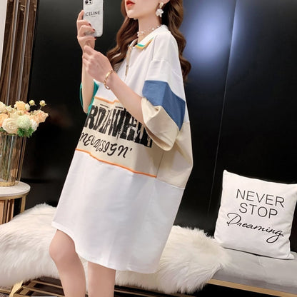 韓国系 切り替え POLOネック ファスナー ロング Tシャツ 二色 ゆったりワンピース ＜U-3015＞