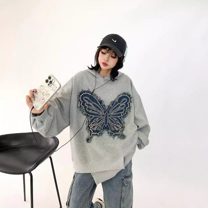都市ファッショ デザイン オシャレ おしゃれ度高め 刺繍 ホットダイヤモンド カジュアル 3色選択 パーカー<U-9290>