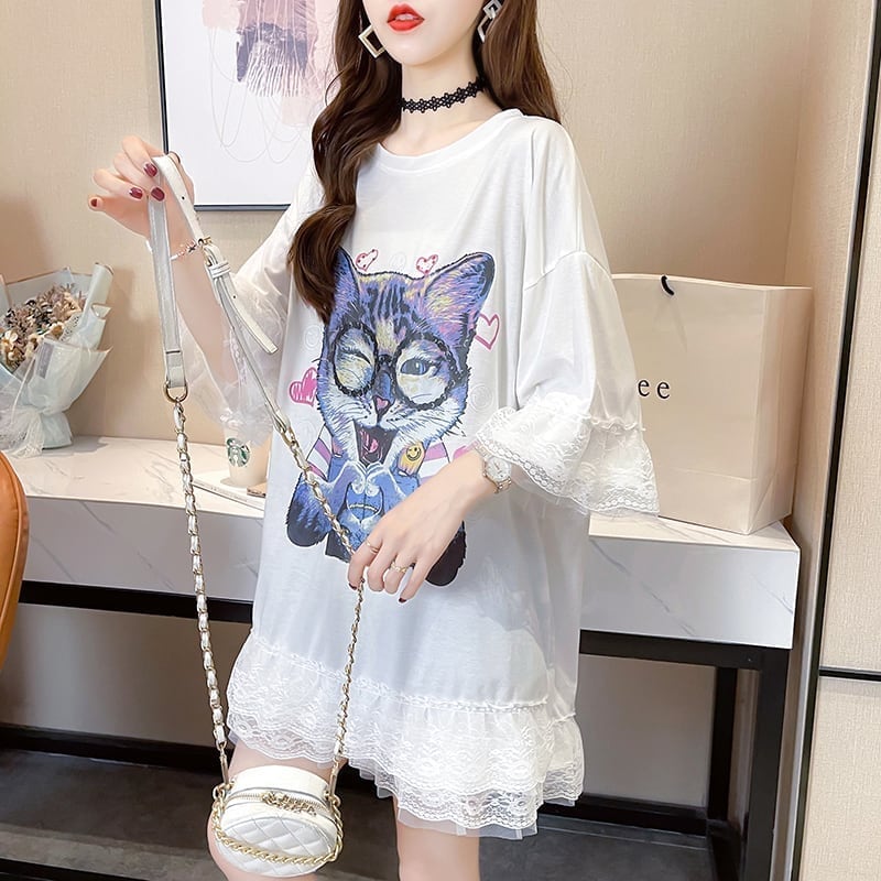 好感度満載 プリント 美感いっぱい Tシャツ カットソー ワンピース＜U-3428＞
