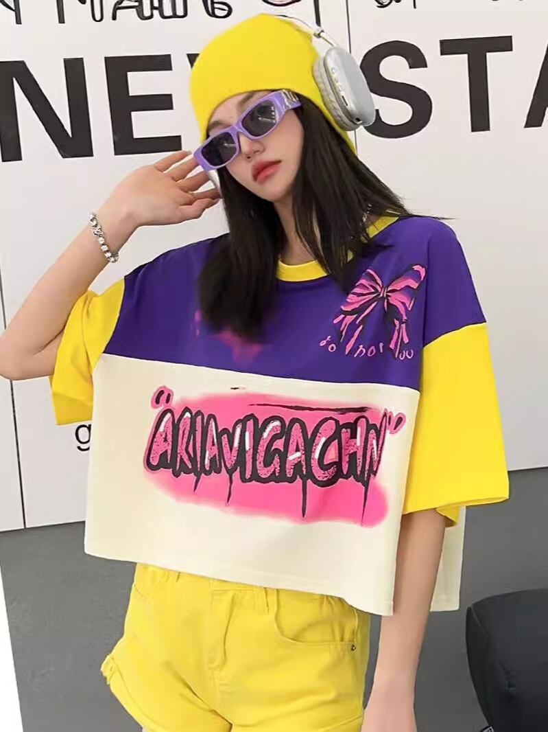 着回し力抜群 切り替え三色 韓国系 ゆったり半袖Tシャツ ＜U-8455＞