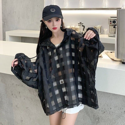 大人気 チェック柄 ゆったり 日焼け対策 UVカット 冷房対策 着?せ 長袖 フード付き シャツ ＜U-1910＞