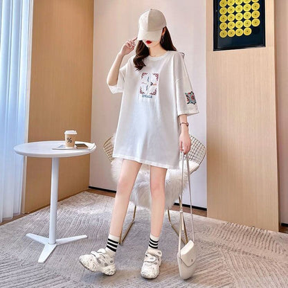 質感のいい 刺?Tシャツ ラウンドネック 白 黒 ゆったり半袖＜U-3013＞
