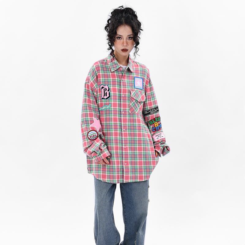 新商品 アバンギャルド 大活躍 カジュアル 刺繍 チェック柄 全2色 男女兼用 シャツ ＜U-9167＞