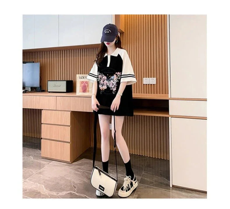 POLOネック プリント バタフライ ロング ラグランTシャツ ゆったりワンピース ＜U-3023＞