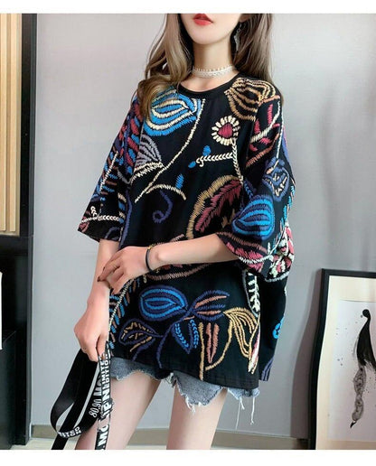 韓国系 ロング 刺繍 Tシャツ 三色 ゆったり半袖 ＜U-2847＞