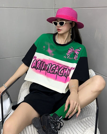 着回し力抜群 切り替え三色 韓国系 ゆったり半袖Tシャツ ＜U-8455＞