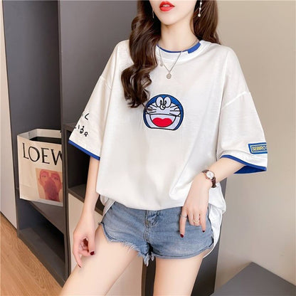 韓国系 ドロップショルダー 刺? レイヤードTシャツ ゆったり半袖 ＜U-3053＞
