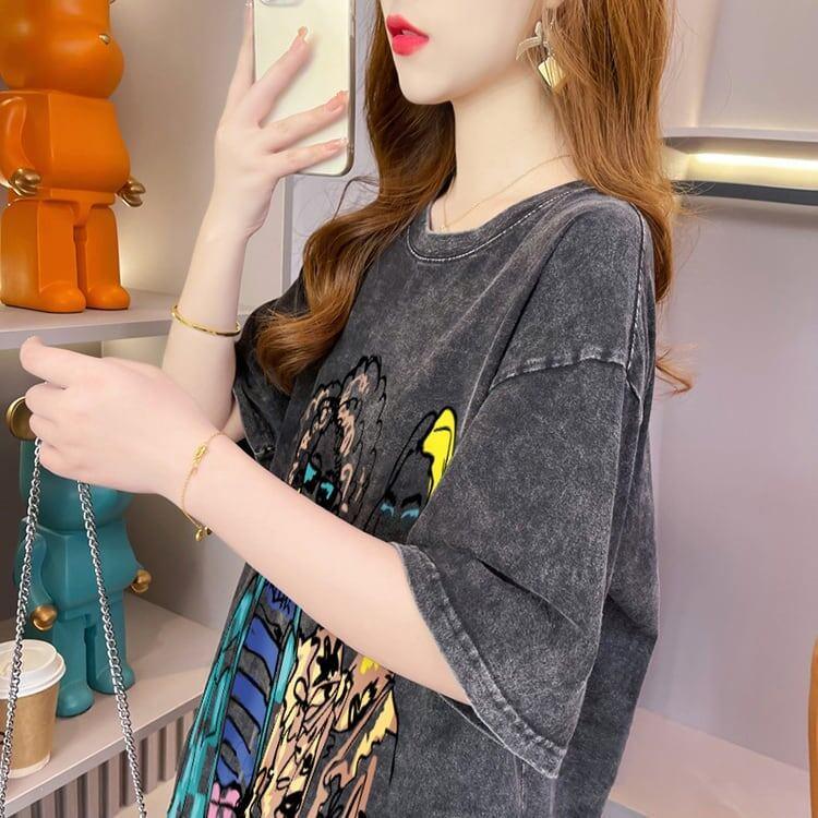 おすすめ ストリート系 ヴィンテージ加工 プリントTシャツ ゆったり半袖＜U-3022＞