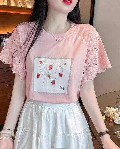 大好評 レース 上質 刺繍 切り替え 全2色 半袖Tシャツ＜U-8869＞