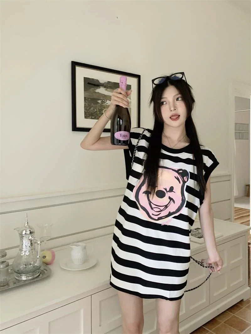 おしゃれ度アップ ノースリーブ ストライプ柄 ロング Tシャツ ゆったり ワンピース＜U-2977＞