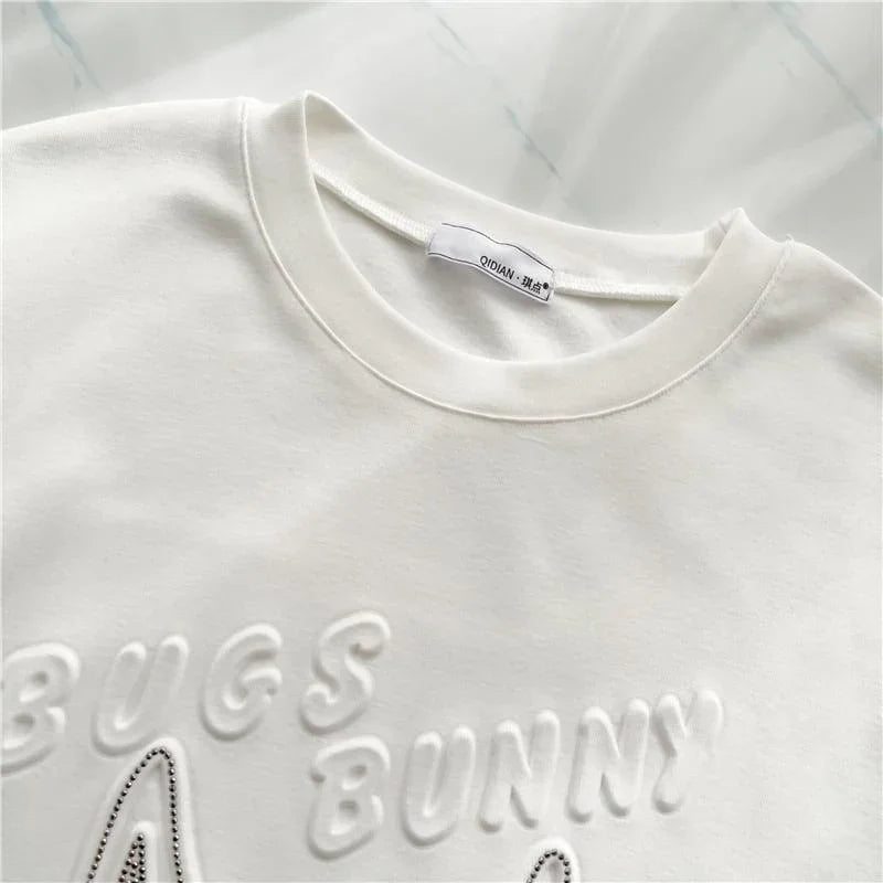 美人度アップ ウサギ ビジュー ロング Tシャツ 三色 ゆったり半袖＜U-2945＞