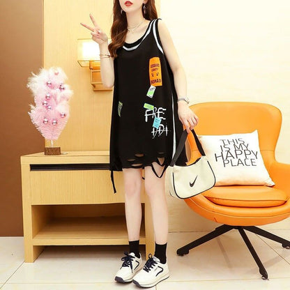 今季マストバイ ダメージ加工 デザイン性抜群 プリント全2色 ノースリーブ Tシャツ カットソー＜U-9141＞