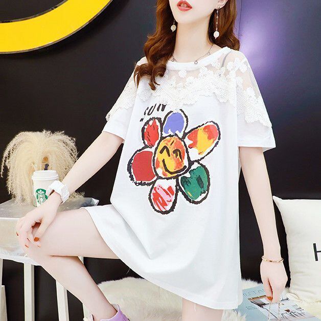 大人可愛い 切り替え レース 透かし彫り プリント全2色 半袖Tシャツ カットソー ＜U-8560＞