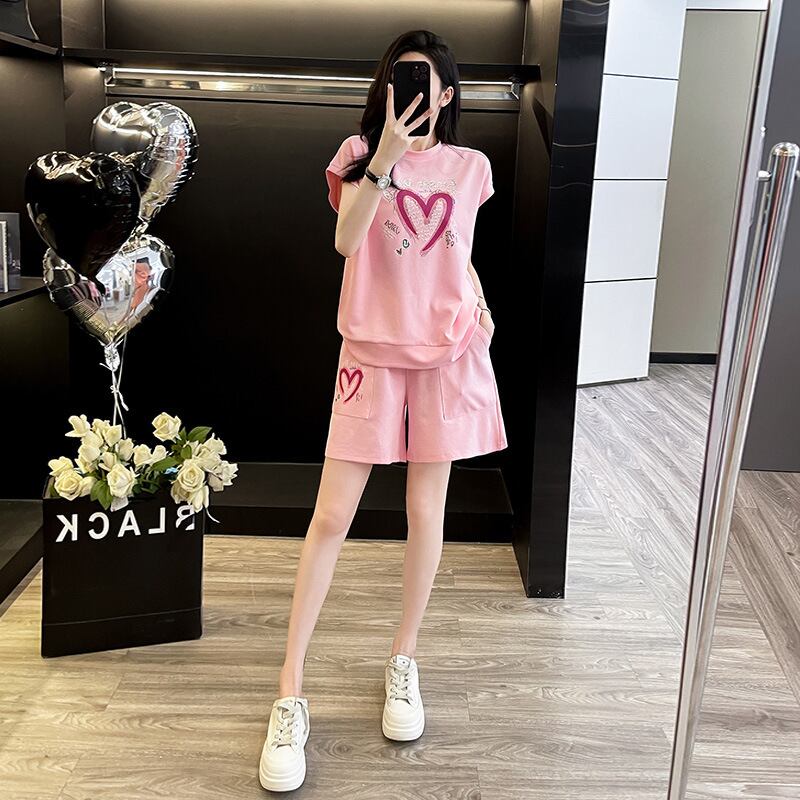 超人気 ホットダイヤモンド カジュアル プリント 半袖Tシャツ ショートパンツ セットアップ ＜U-9215＞