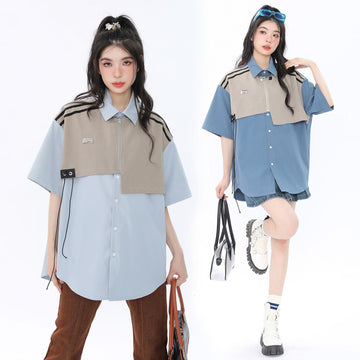 期間限定 ファッション 個性派 レイヤード風 切り替え プリント全3色 男女兼用 半袖Tシャツ<U-9044>