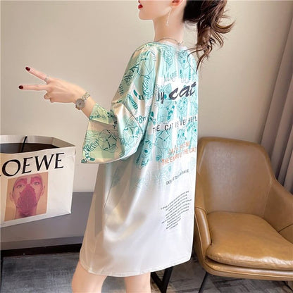 【半額！期間限定！！】大好評 プリント 猫柄 ロング Tシャツ 四色 ゆったりワンピース ＜U-4017＞