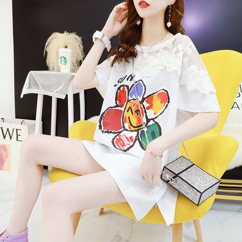 大人可愛い 切り替え レース 透かし彫り プリント全2色 半袖Tシャツ カットソー ＜U-8560＞