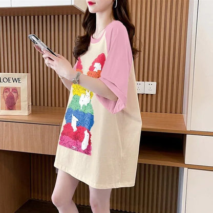 美人度アップ Tシャツ 可愛いウサギ 丸襟 半袖＜U-2824＞