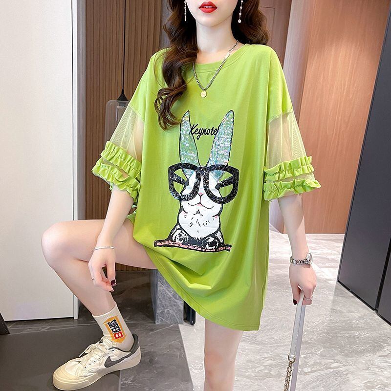 着回し力抜群 チュール 新作 切り替え ピンク プリント スパンコール プリント全3色 半袖Tシャツ カットソー ＜U-8557＞