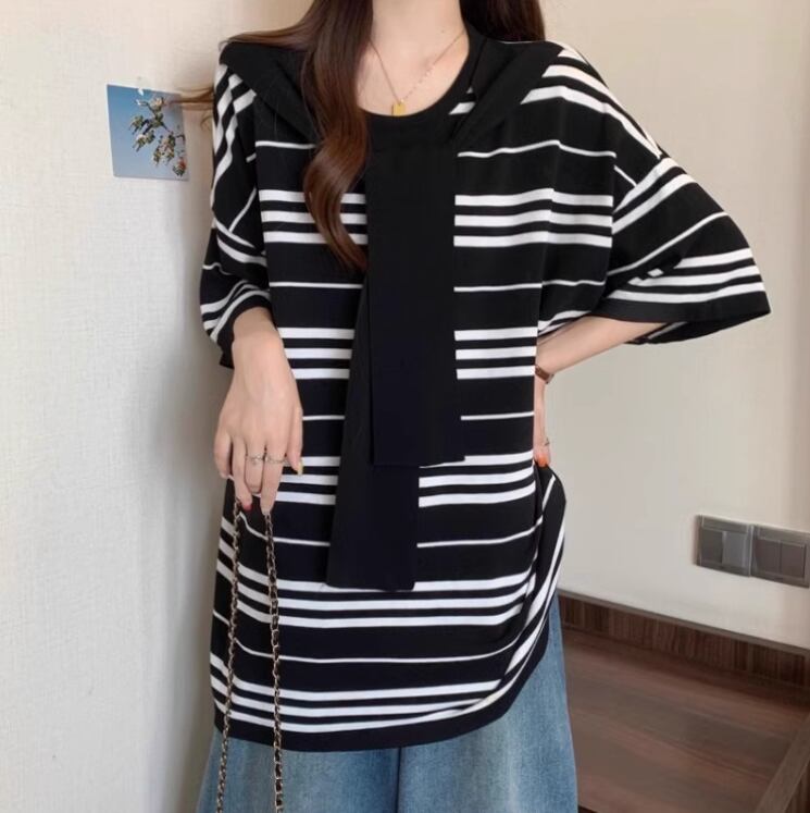 超人気 レイヤード風 カジュアル ストライプ柄 ゆったり 半袖 Tシャツ＜U-8797＞