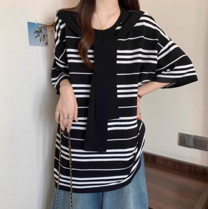 超人気 レイヤード風 カジュアル ストライプ柄 ゆったり 半袖 Tシャツ＜U-8797＞