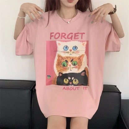 スウィート プリント 可愛いネコちゃん Tシャツ ピンク ゆったり半袖＜U-2973＞