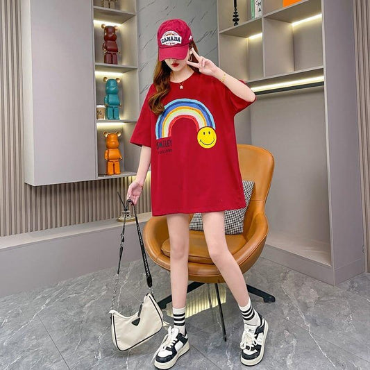 レインボースマイリーファッションオールマッチルーズ半袖Tシャツ<U-2860>