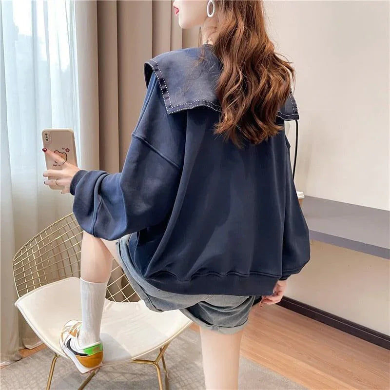 絶対欲しい グラフィックプリント セーラ服の襟 三色 長袖Tシャツトップス<U-4036>
