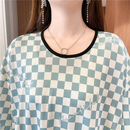 好感度満載 ラウンドネック 女性力を高める チェック柄 Tシャツ カットソー＜U-2985＞