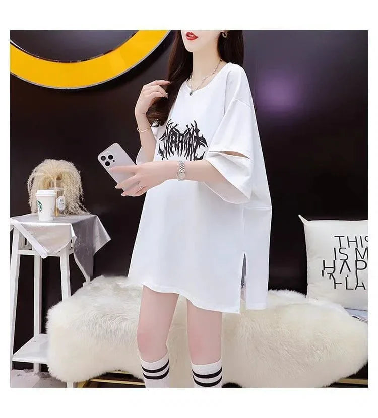 絶対欲しい ロング プリント ドロップショルダー Tシャツ ゆったり半袖 ＜U-2880＞