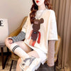 可愛いクマちゃんプリント レイヤード風 ストライプ柄 長袖Tシャツトップス＜U-4109＞