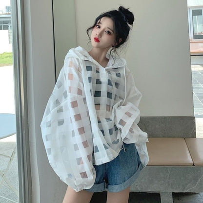 大人気 チェック柄 ゆったり 日焼け対策 UVカット 冷房対策 着?せ 長袖 フード付き シャツ ＜U-1910＞