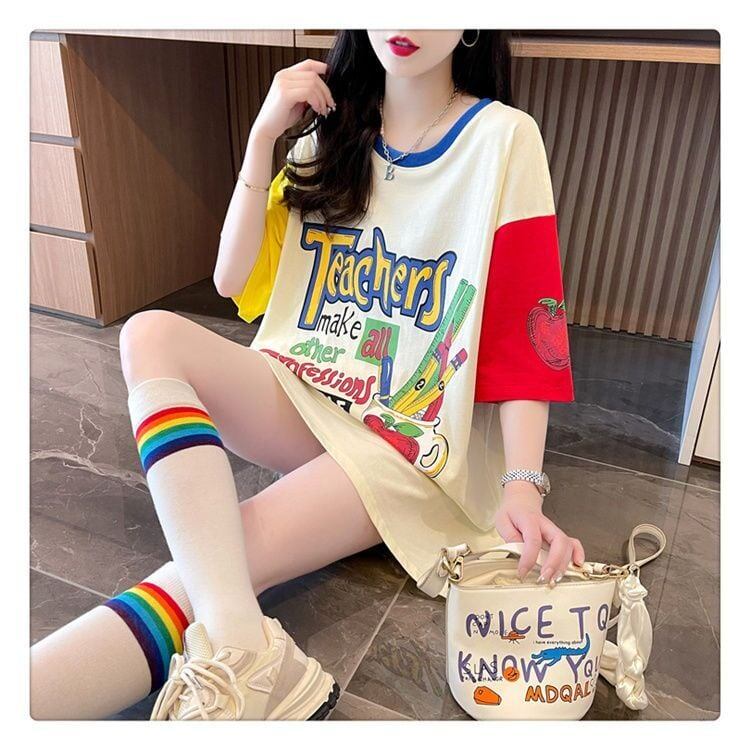 おすすめ アルファベット 個性派 プリントTシャツ ゆったり半袖＜U-8090＞