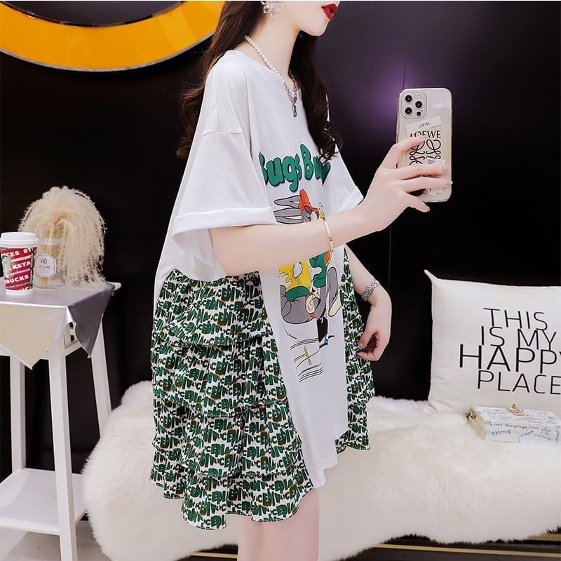 デザイン感 プリント チャーミング Tシャツ カットソー ワンピース＜U-3508＞