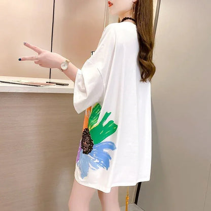 おすすめ アルファベット 花柄 Tシャツ 三色 ゆったり ロング 半袖 ＜U-2946＞