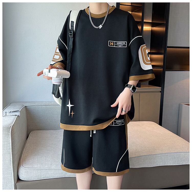 早い者勝ち カジュアル ファッション 切り替え 全3色 半袖Ｔシャツⅹパンツセット<U-8950>
