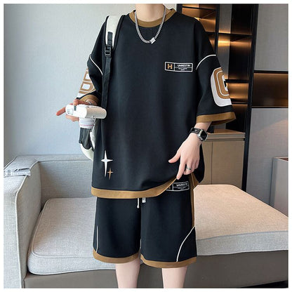 早い者勝ち カジュアル ファッション 切り替え 全3色 半袖Ｔシャツⅹパンツセット<U-8950>