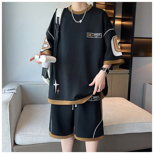 早い者勝ち カジュアル ファッション 切り替え 全3色 半袖Ｔシャツⅹパンツセット<U-8950>