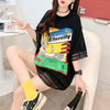 デザインセンス中空プリントTシャツルーズトップス<U-2877>