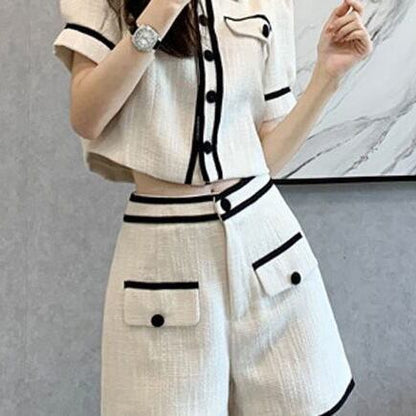 おすすめ ファッション 上品 カジュアル 切り替え 半袖 Tシャツ ショートパンツ セットアップ ＜U-8858＞