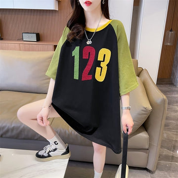 絶対欲しい カラーマッチング 数字刺? ロング Tシャツ ゆったり 半袖 ＜U-2896＞