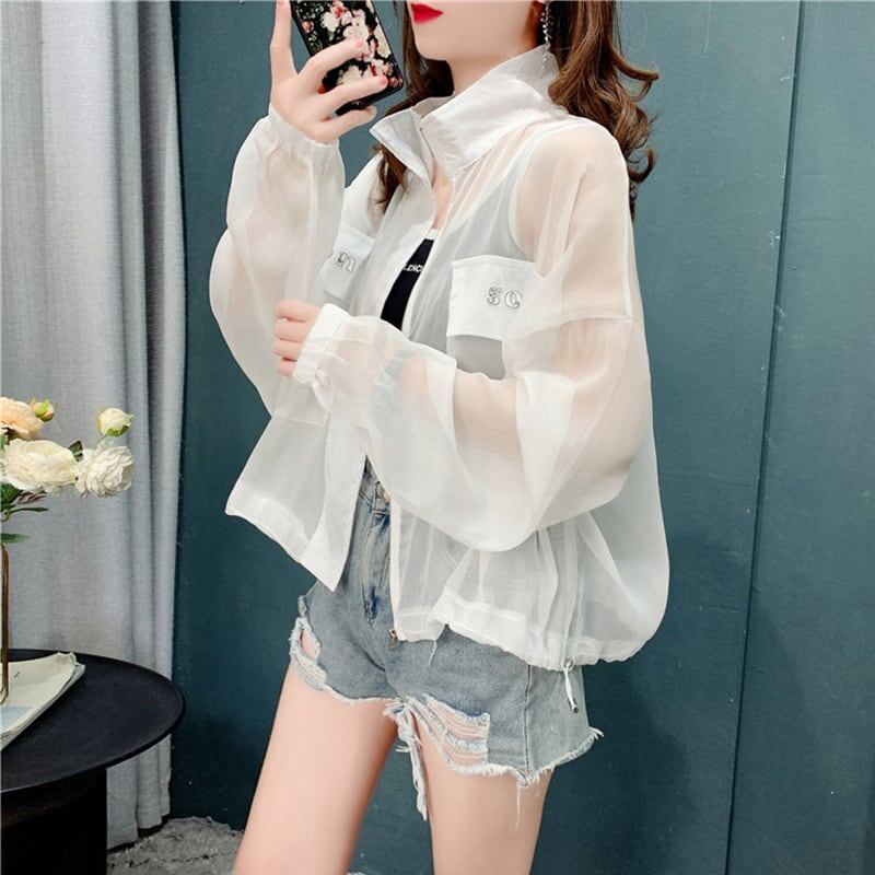 スタイリッシュ 透け感 一目惚れ 日焼け対策 切り替え ジャケット ブルゾン＜U-3385＞