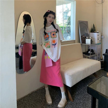 新作 プリント 透かし彫り ゆったり 半袖 Ｔシャツ <U-8089>