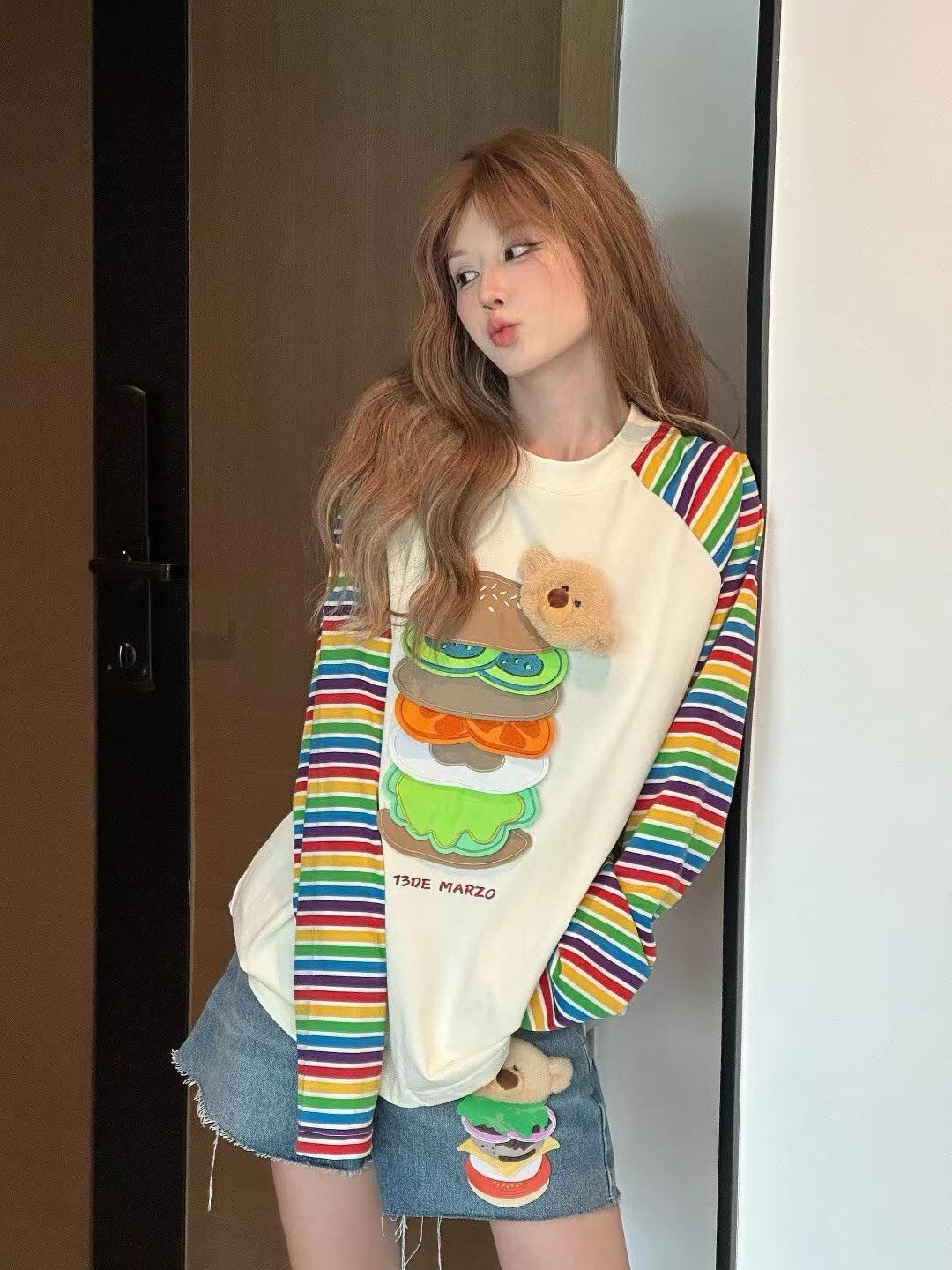 都市ファッショ デザイン オシャレ 大人可愛い 着心地良い プリント ストライプ柄 半袖Tシャツ<U-9332>