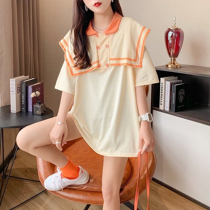 絶対欲しい ロング セーラーカラー Tシャツ 三色 ゆったりワンピース＜U-4028＞