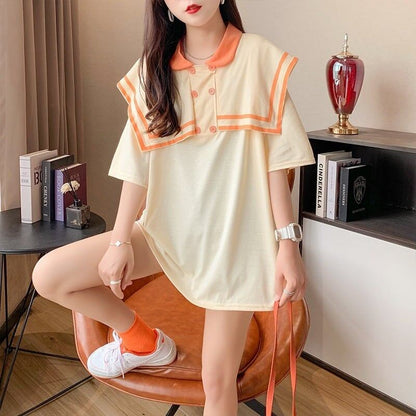 絶対欲しい ロング セーラーカラー Tシャツ 三色 ゆったりワンピース＜U-4028＞