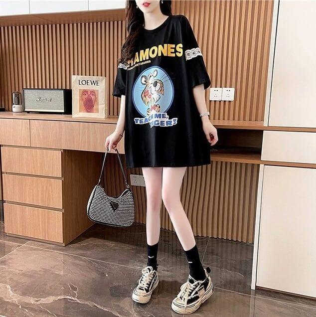 着心地良い レース切り替え リボン プリントTシャツ ゆったり半袖＜U-2889＞