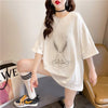 美人度アップ ウサギ ビジュー ロング Tシャツ 三色 ゆったり半袖＜U-2945＞