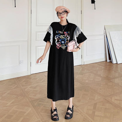 おすすめ レース ファッション 切り替え プリント Tシャツ カットソー ワンピース＜U-8535＞