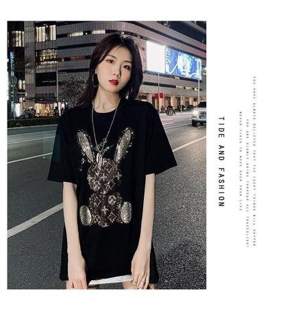 合わせやすい ビジュー ウサギ ロング Tシャツ ゆったり 半袖 ＜U-2887＞